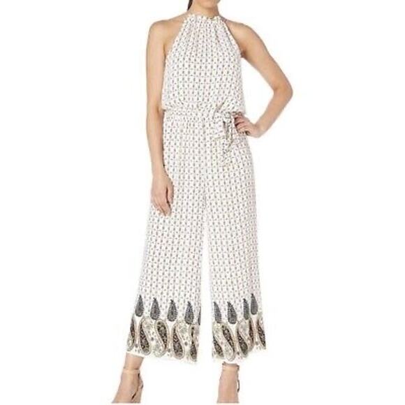 Cece Women's Bohemian Bazaar Ecru Paisley High Halter Neck Jumpsuit Size M - Picture 1 of 9